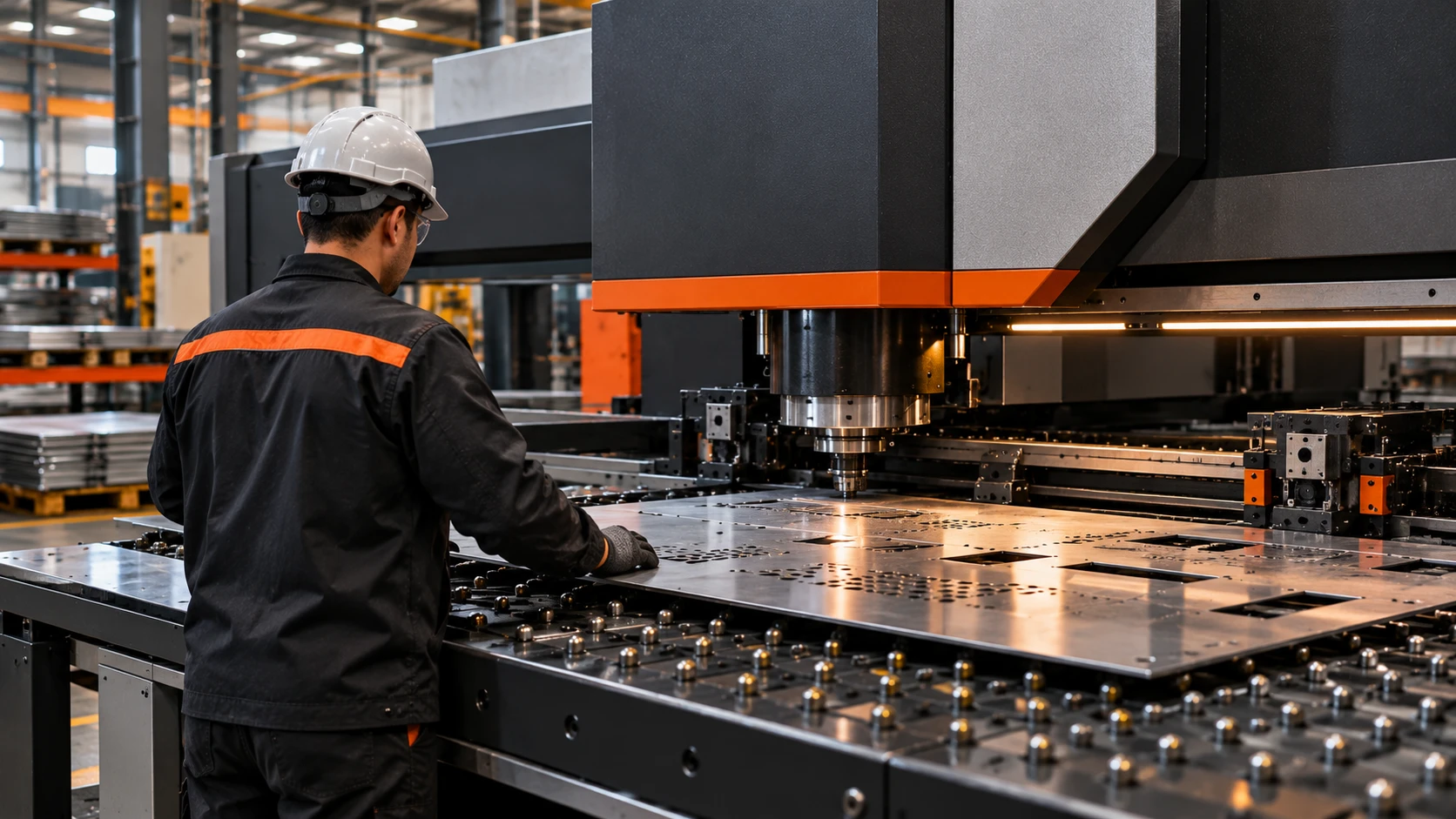 Ambiente de fabricação em chapa metálica com equipamentos CNC
